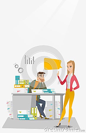 Stressed office worker and his employer. Vector Illustration