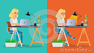 Stressed Out Woman Vector. Blonde Girl Working At Office. Stressful Work, Job. Tired Business Person. Hard Career. Calm Vector Illustration