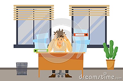 Stressed overworked man in office trying to finish work. Office employee working with documents Vector Illustration