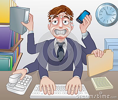 Stressed Overworked Multitasking Business Man Vector Illustration