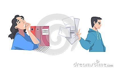 Stressed overworked office employees with working with paper documents cartoon vector illustration Vector Illustration