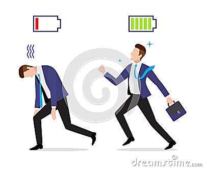 Stressed overworked and vigorous businessman with charged and discharged battery icon Vector Illustration