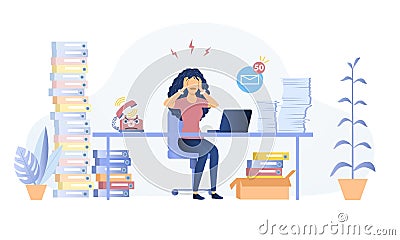 Stressed overworked woman in an office Vector Illustration