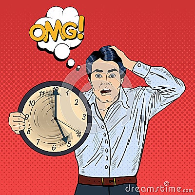Stressed Pop Art Business Man Holding Big Clock on Work Deadline Vector Illustration