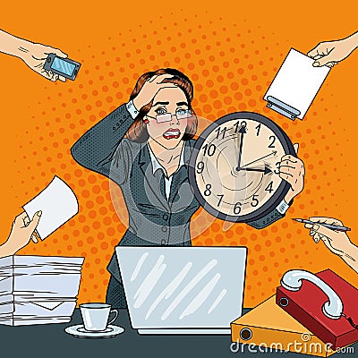 Stressed Pop Art Business Woman with Big Clock at Deadline Multi Tasking Office Work Vector Illustration