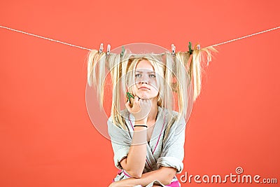 Stressed retro housewife. Maid or housewife cares about house. Vintage housekeeper woman. Busy mother. Multitasking mom Stock Photo