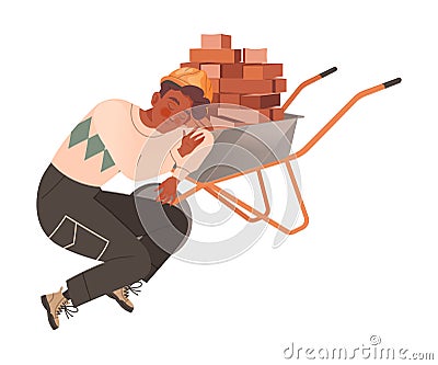 Stressed tired builder sleeping on pile of bricks. Professional burnout syndrome, depressed person cartoon vector Vector Illustration