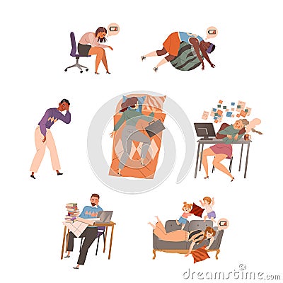 Stressed tired people set. Professional burnout syndrome, depressed persons cartoon vector illustration Vector Illustration
