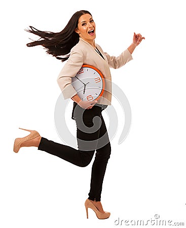 Stressed woman with big clock rushing because of being late. Stock Photo