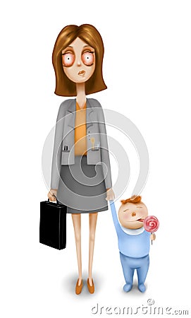 Stressed woman with child Cartoon Illustration