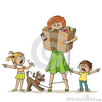 Stressed Woman With Children Vector Illustration