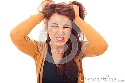 Stressed woman holds hands hair Stock Photo