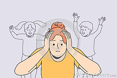 Stressed woman suffer from noisy kids Vector Illustration