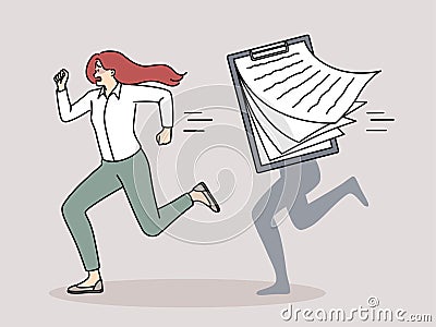 Stressed woman worker run from paperwork Vector Illustration