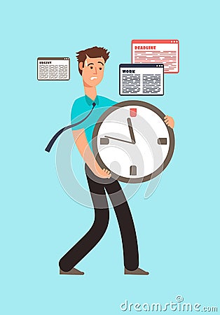 Stressed worker holding clock with running out time. Deadline vector concept Vector Illustration