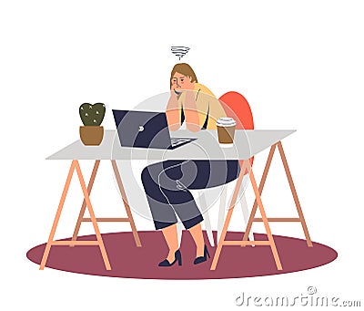 Stressed young female worker workaholic pensive thinking on problem solution on workplace Vector Illustration