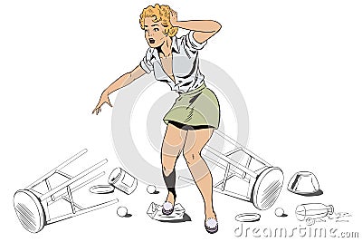 Stressed young woman at messy room. Stock illustration. Vector Illustration