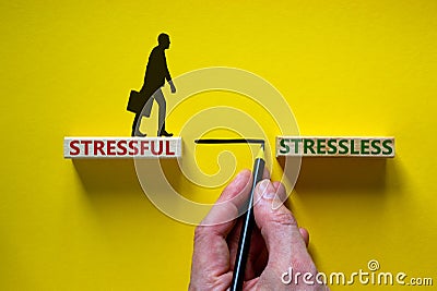 Stressful or stressless symbol. Blocks with words stressful, stressless. Yellow background. Businessman hand, businessman icon. Stock Photo