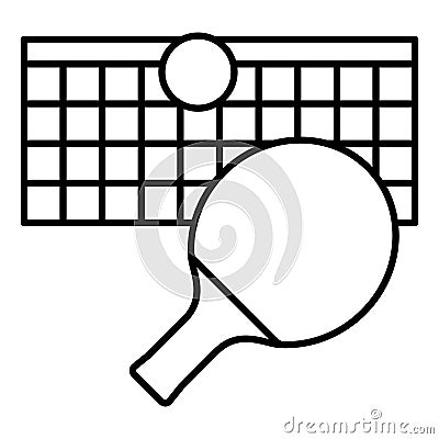Stretched net with racket and ball thin line icon, tennis game concept. Vector graphics. Racket net ball sign on white Vector Illustration