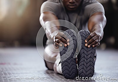 Stretching, feet and exercise with a man at gym for fitness, muscle and training workout. Athlete person with hands on Stock Photo