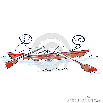 Stick figures rowing against each other in a boat Vector Illustration