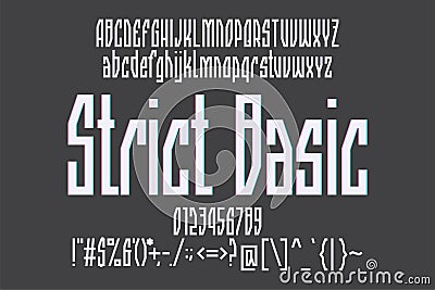 Strict Basic Latin display font. Straight typeface with uppercase and lowercase letters, numbers and punctuation in antique style Vector Illustration
