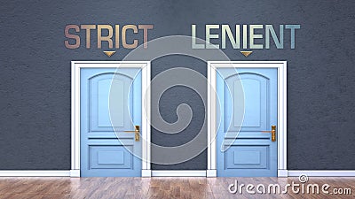 Strict and lenient as a choice - pictured as words Strict, lenient on doors to show that Strict and lenient are opposite options Cartoon Illustration