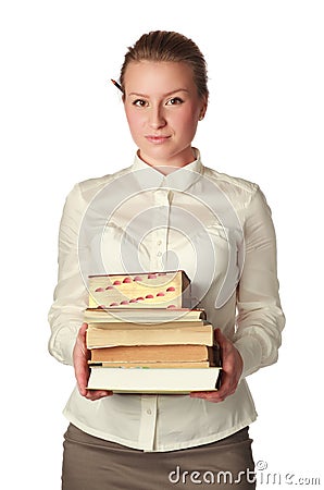 Strict teacher with books and pen Stock Photo