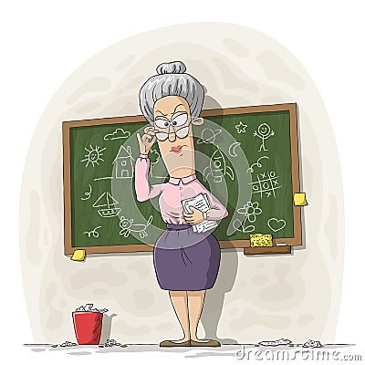 Strict Teacher in Front of a Blackboard Vector Illustration