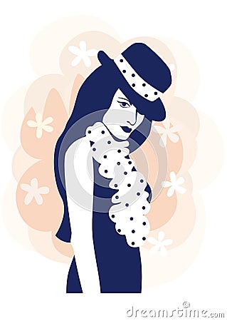 Strict woman in hat and scarf Vector Illustration