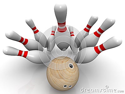 Strike. Bowling ball knocks down all the pins Stock Photo