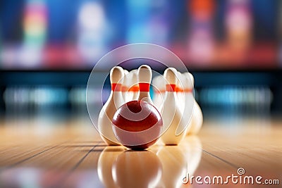 Strike Zone Spectacle Perfect Bowling Strike with Flying Pins and Rolling Ball. AI Stock Photo