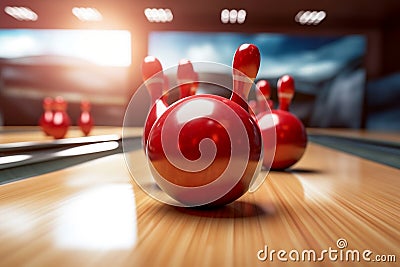 Strike Zone Spectacle Perfect Bowling Strike with Flying Pins and Rolling Ball. AI Stock Photo