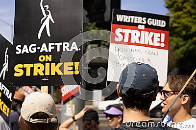 Striking actors and writers protest outside Sony Studios in Culver City, CA. Editorial Stock Photo