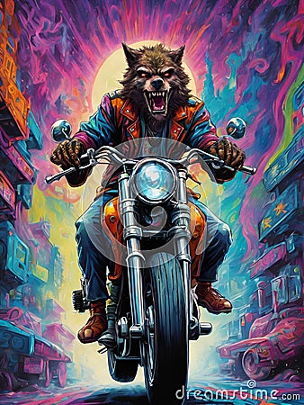 scary wolves is illustrated as a violent motorbike gang riding classic motorbikes Cartoon Illustration