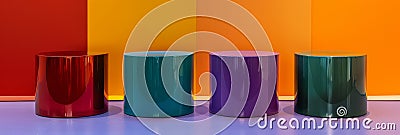 A striking arrangement of four cylindrical pedestals,each displaying a distinct vibrant color,creating a visually captiv Stock Photo