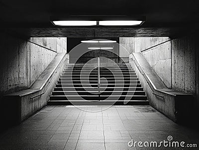 striking Brutalist structure features rugged concrete dramatic angular lines and ample geometric shapes illuminated Stock Photo