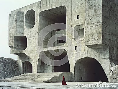 striking Brutalist structure stands out its angular lines and rugged textures. figure in red cloak adds vibrant contrast Stock Photo