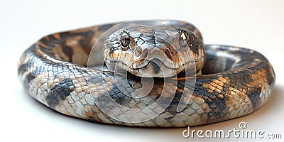 Striking close-up of a coiled python showcasing its intricate pattern and texture on a neutral background Stock Photo
