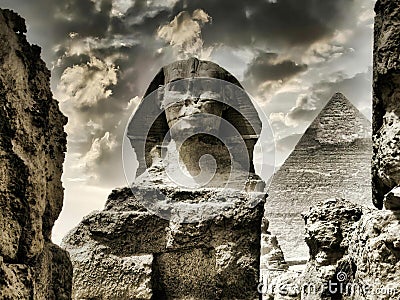 A striking close-up of the Great Sphinx of Giza (Cairo, Egypt) during a desert sandstorm (Cairo, Egypt) Stock Photo