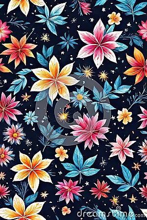 Striking, colorful flower painting with intricate details, vivid hues, beautifully contrasted against dark, black Stock Photo