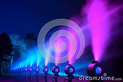 Striking contrast of purple and blue searchlights against the smoky backdrop. Stock Photo