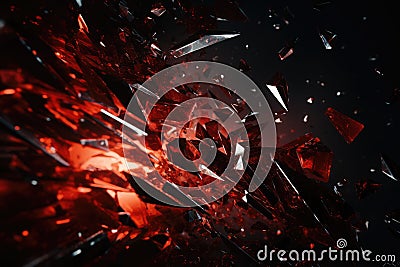 Explosion of red glass and crystal shards. Breaking glass. falling, futuristic abstracts background reddish glow. Stock Photo