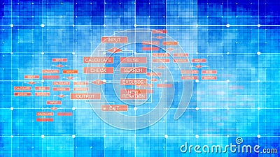 Blue algorithms backdrop with red buttons Stock Photo