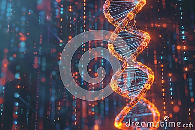 A striking 3D representation of a DNA double helix entwined with glowing digital data streams and vibrant binary code Stock Photo