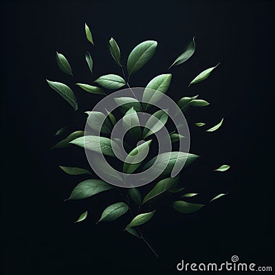 black background. green on black. several falling foliage. illustration of falling leaves. Leaves blowing in the wind Cartoon Illustration