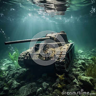 A Lost Battle, A Sunken Tank. Generative ai Stock Photo