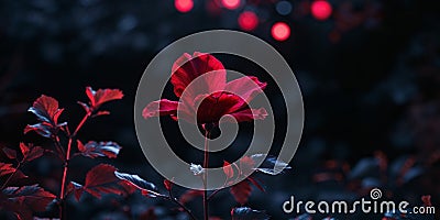 Striking flower illuminated with red lights creating a captivating visual display in a darkened garden setting Stock Photo