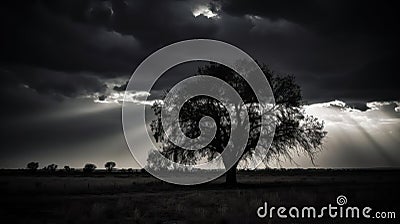 A dramatic and ominous silhouette of a stormy sky with a tree in the foreground created with Generative AI Stock Photo