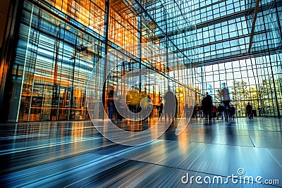 A striking image of a large office building, with a motion blur effect capturing the busy flow of Stock Photo